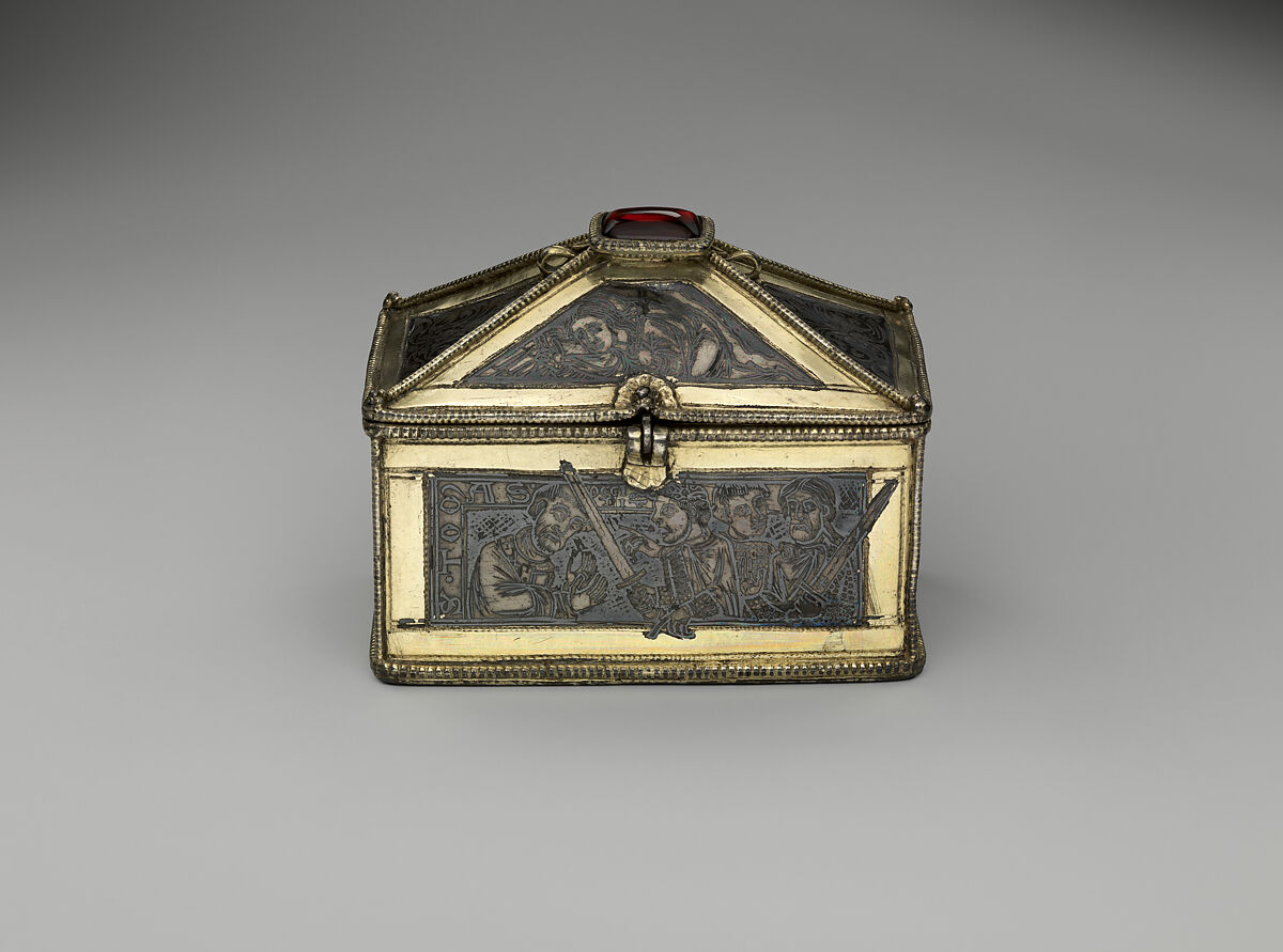 Reliquary Casket with Scenes from the Martyrdom of Saint Thomas Becket, Gilded silver with niello and a glass cabochon set over a tinted foil, British