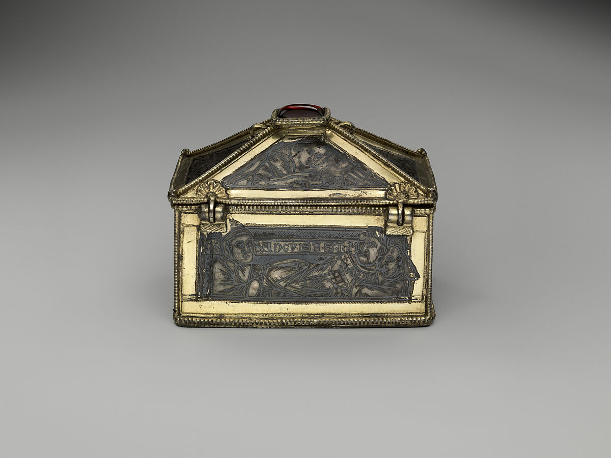 Reliquary Casket with Scenes from the Martyrdom of Saint Thomas Becket, Gilded silver with niello and a glass cabochon set over a tinted foil, British