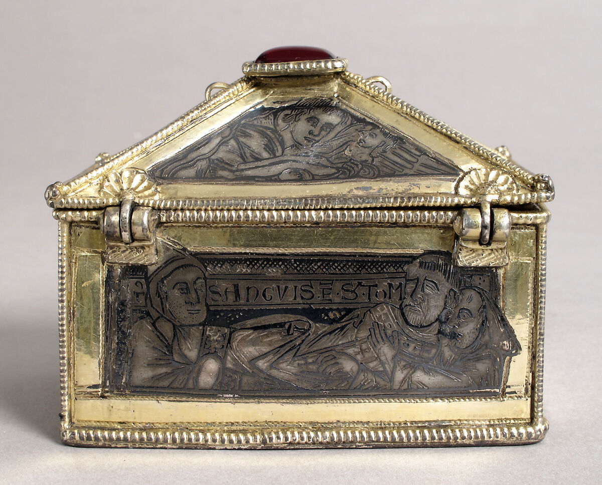 Reliquary Casket with Scenes from the Martyrdom of Saint Thomas Becket, Gilded silver with niello and a glass cabochon set over a tinted foil, British