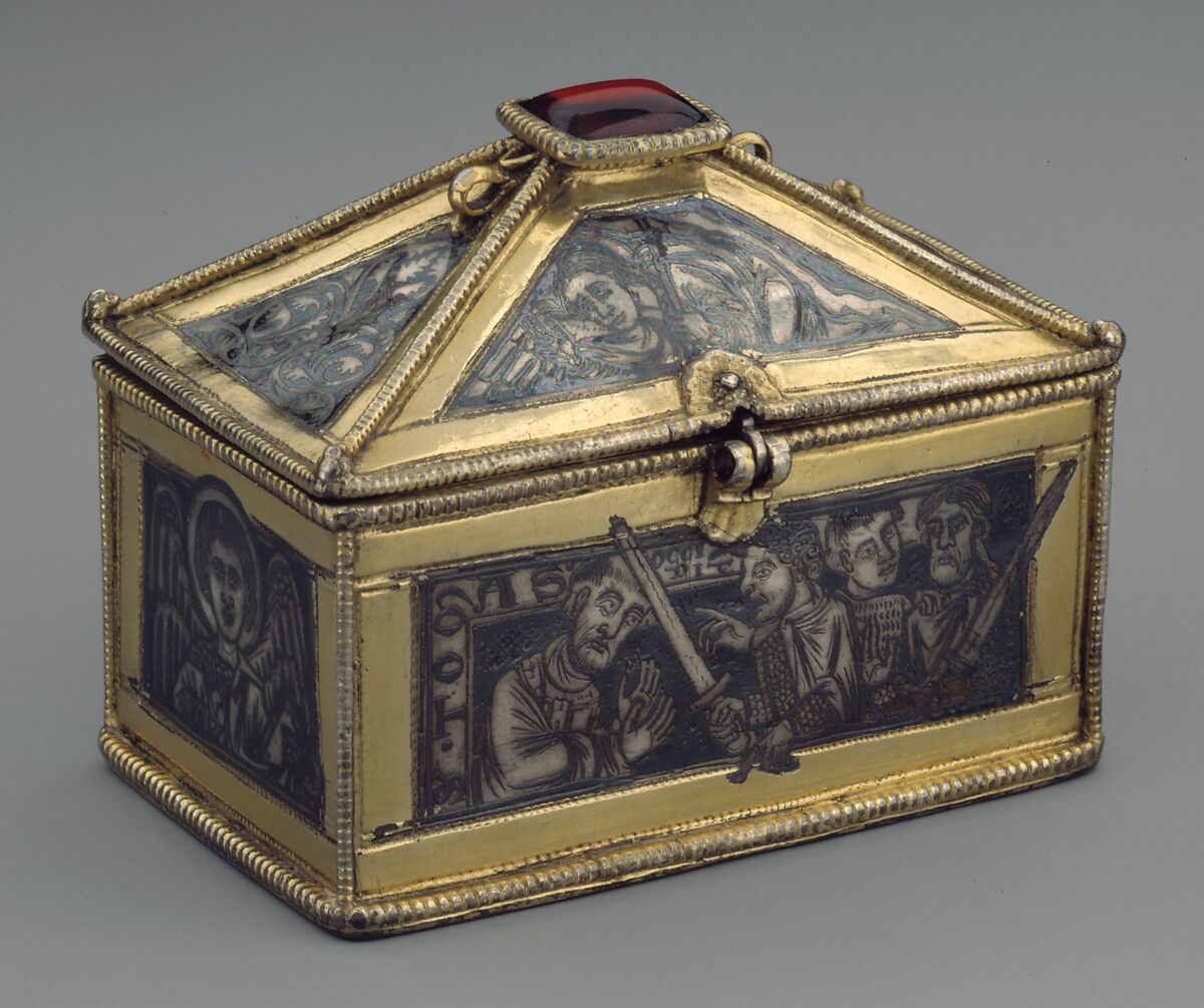 Reliquary Casket with Scenes from the Martyrdom of Saint Thomas Becket, Gilded silver with niello and a glass cabochon set over a tinted foil, British 