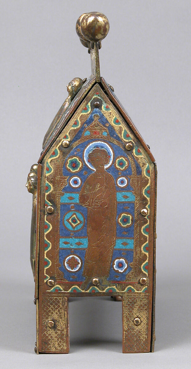 Chasse, Copper-gilt and champlevé enamel. Front: eight repoussé figures applied and gilt; each end: figure chased and gilt; black: blue ground, intersecting turquoise bands, fleurons in bright colors; crest and feet chased and gilt., French