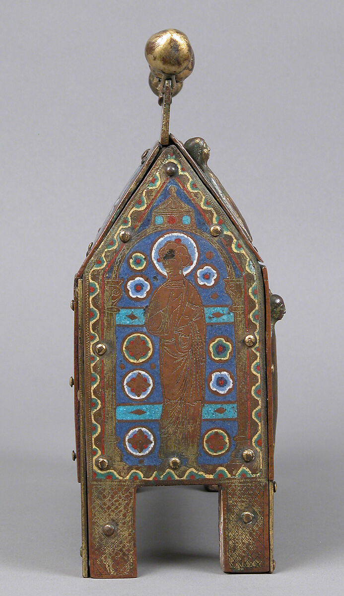 Chasse, Copper-gilt and champlevé enamel. Front: eight repoussé figures applied and gilt; each end: figure chased and gilt; black: blue ground, intersecting turquoise bands, fleurons in bright colors; crest and feet chased and gilt., French