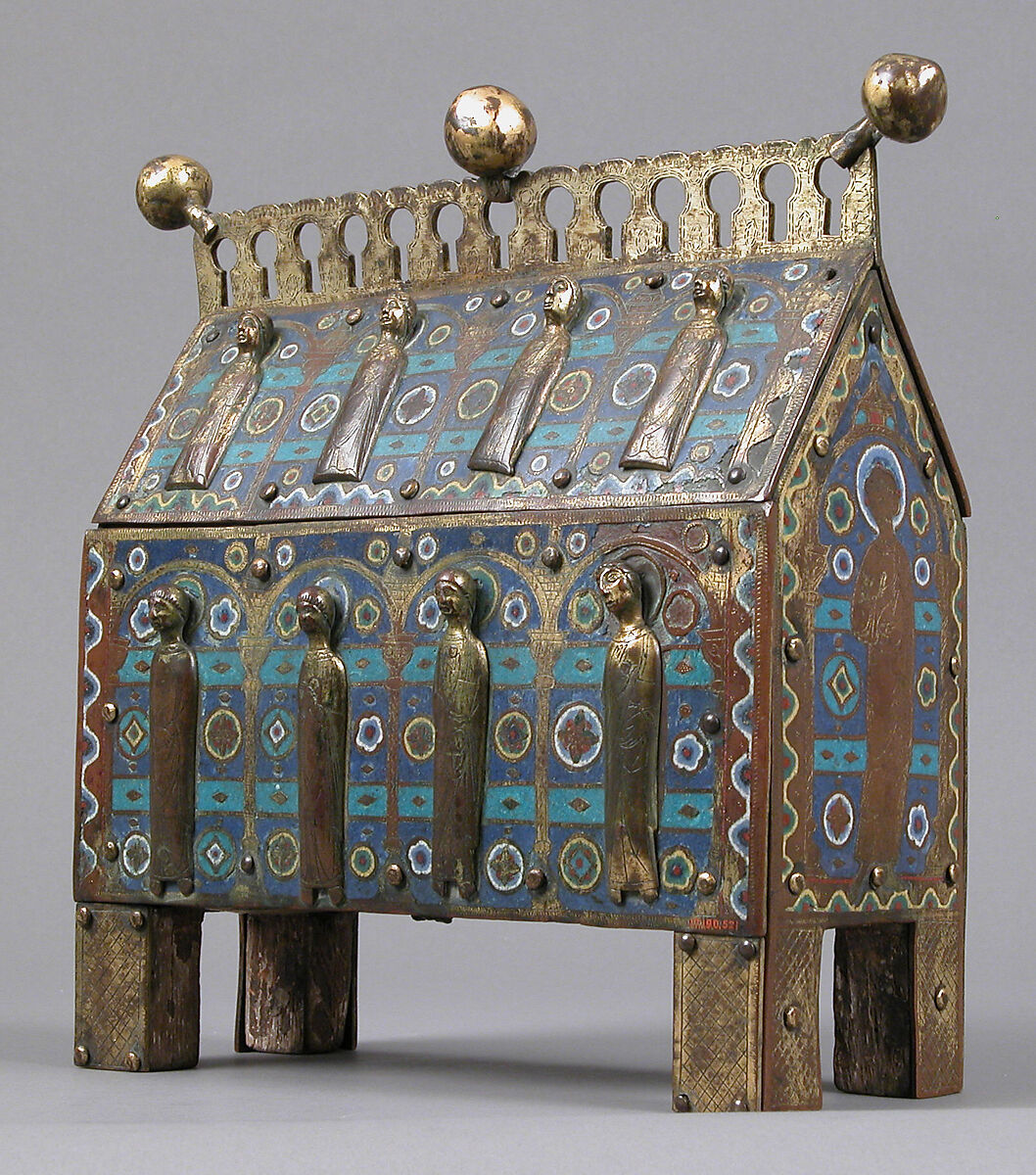 Chasse, Copper-gilt and champlevé enamel. Front: eight repoussé figures applied and gilt; each end: figure chased and gilt; black: blue ground, intersecting turquoise bands, fleurons in bright colors; crest and feet chased and gilt., French 