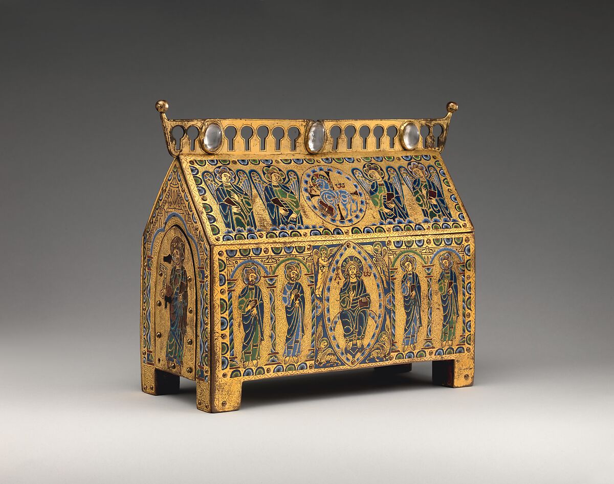 Chasse with Christ in Majesty and the Lamb of God, Champlevé enamel: blue-black; dark, medium, and light blue; turquoise, dark and light green, yellow, red, translucent wine red, and white; wood core, painted red on exterior; copper: engraved, scraped, stippled, and gilt., French