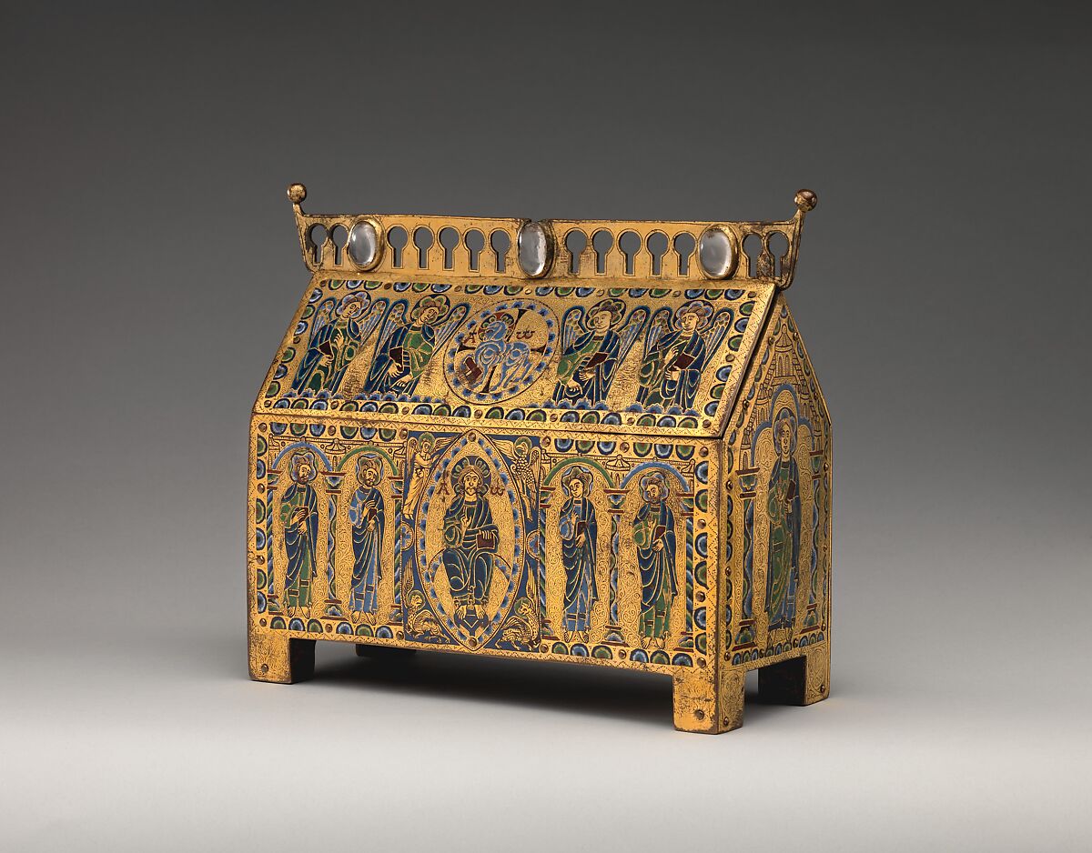 Chasse with Christ in Majesty and the Lamb of God, Champlevé enamel: blue-black; dark, medium, and light blue; turquoise, dark and light green, yellow, red, translucent wine red, and white; wood core, painted red on exterior; copper: engraved, scraped, stippled, and gilt., French 