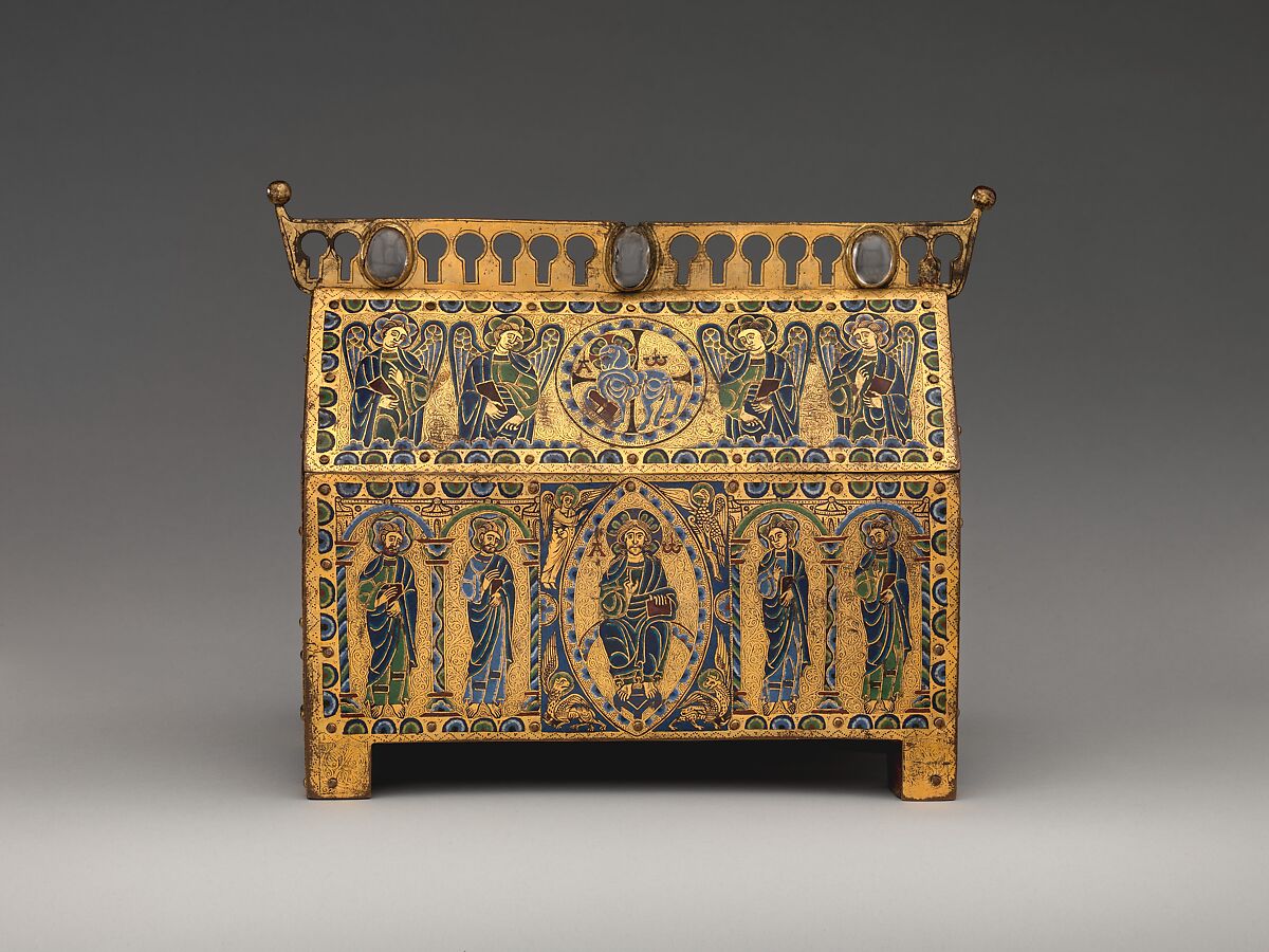 Chasse with Christ in Majesty and the Lamb of God, Champlevé enamel: blue-black; dark, medium, and light blue; turquoise, dark and light green, yellow, red, translucent wine red, and white; wood core, painted red on exterior; copper: engraved, scraped, stippled, and gilt., French