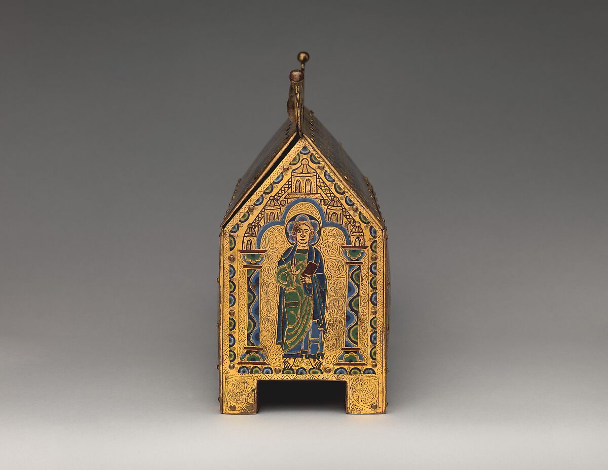 Chasse with Christ in Majesty and the Lamb of God, Champlevé enamel: blue-black; dark, medium, and light blue; turquoise, dark and light green, yellow, red, translucent wine red, and white; wood core, painted red on exterior; copper: engraved, scraped, stippled, and gilt., French