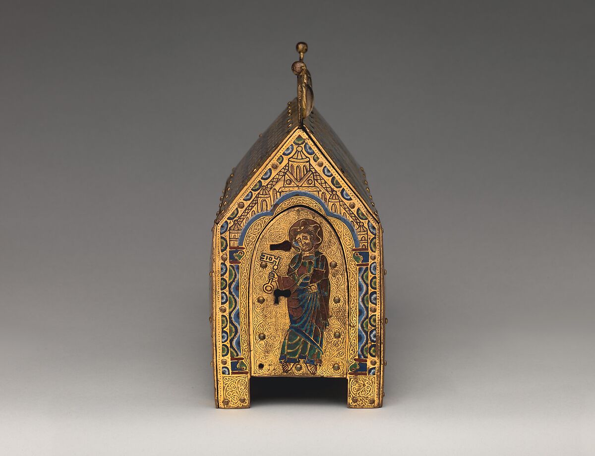 Chasse with Christ in Majesty and the Lamb of God, Champlevé enamel: blue-black; dark, medium, and light blue; turquoise, dark and light green, yellow, red, translucent wine red, and white; wood core, painted red on exterior; copper: engraved, scraped, stippled, and gilt., French