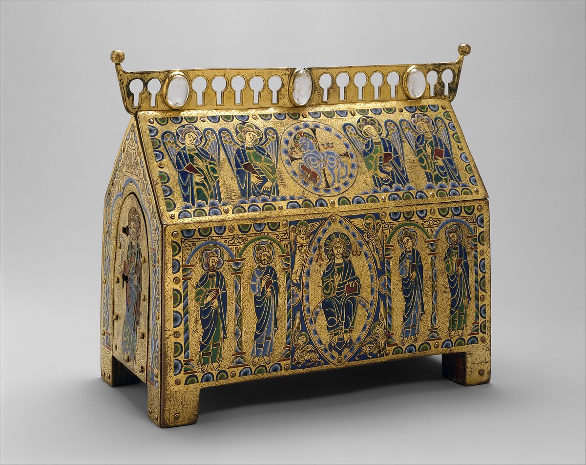 Chasse with Christ in Majesty and the Lamb of God, Champlevé enamel: blue-black; dark, medium, and light blue; turquoise, dark and light green, yellow, red, translucent wine red, and white; wood core, painted red on exterior; copper: engraved, scraped, stippled, and gilt., French