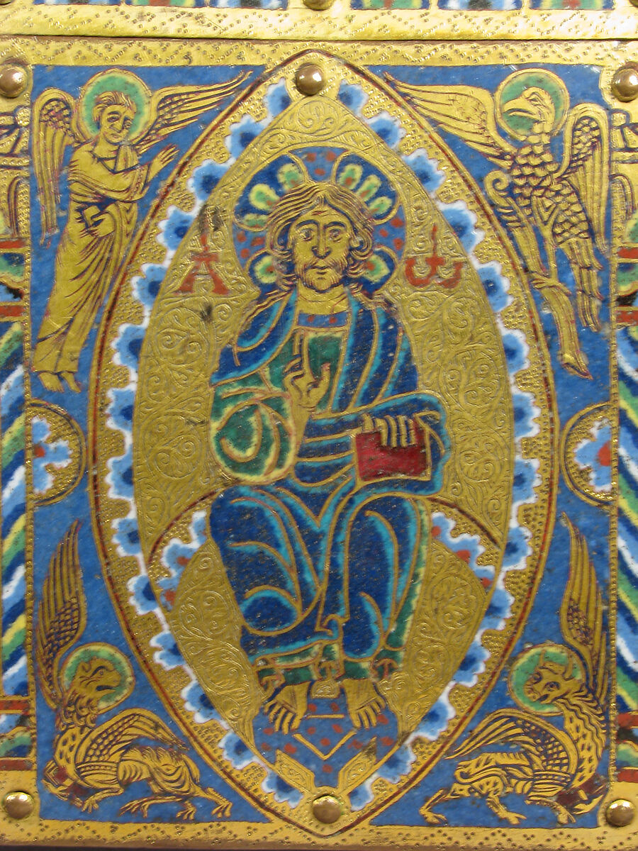 Chasse with Christ in Majesty and the Lamb of God, Champlevé enamel: blue-black; dark, medium, and light blue; turquoise, dark and light green, yellow, red, translucent wine red, and white; wood core, painted red on exterior; copper: engraved, scraped, stippled, and gilt., French