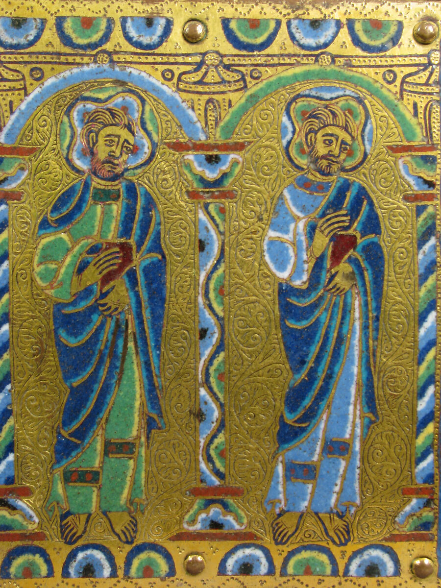 Chasse with Christ in Majesty and the Lamb of God, Champlevé enamel: blue-black; dark, medium, and light blue; turquoise, dark and light green, yellow, red, translucent wine red, and white; wood core, painted red on exterior; copper: engraved, scraped, stippled, and gilt., French