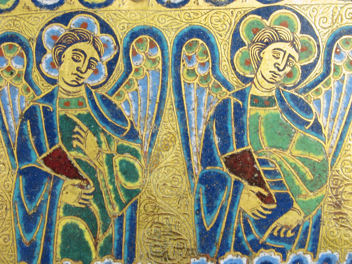 Chasse with Christ in Majesty and the Lamb of God, Champlevé enamel: blue-black; dark, medium, and light blue; turquoise, dark and light green, yellow, red, translucent wine red, and white; wood core, painted red on exterior; copper: engraved, scraped, stippled, and gilt., French