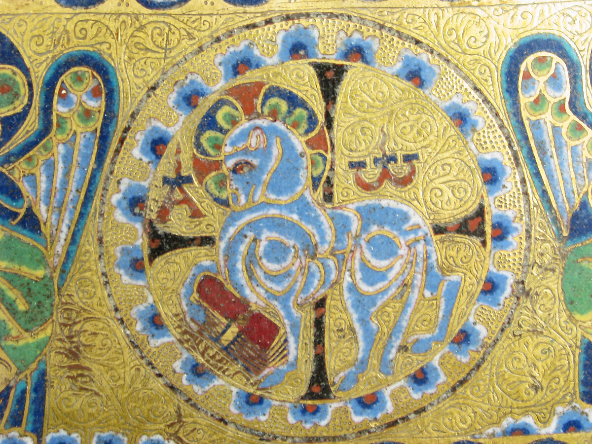 Chasse with Christ in Majesty and the Lamb of God, Champlevé enamel: blue-black; dark, medium, and light blue; turquoise, dark and light green, yellow, red, translucent wine red, and white; wood core, painted red on exterior; copper: engraved, scraped, stippled, and gilt., French