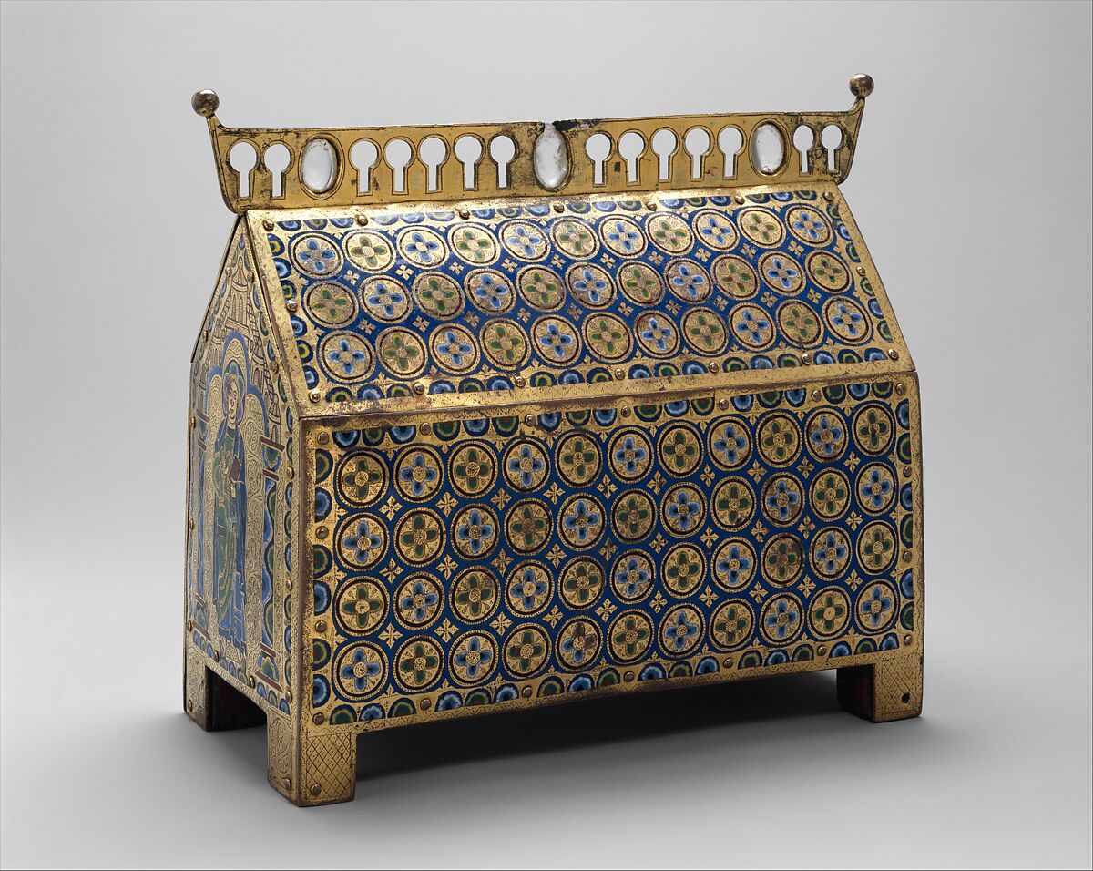 Chasse with Christ in Majesty and the Lamb of God, Champlevé enamel: blue-black; dark, medium, and light blue; turquoise, dark and light green, yellow, red, translucent wine red, and white; wood core, painted red on exterior; copper: engraved, scraped, stippled, and gilt., French