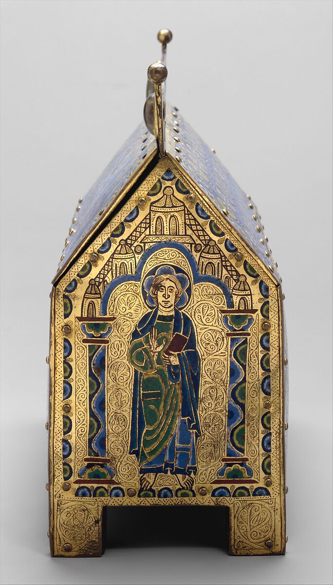 Chasse with Christ in Majesty and the Lamb of God, Champlevé enamel: blue-black; dark, medium, and light blue; turquoise, dark and light green, yellow, red, translucent wine red, and white; wood core, painted red on exterior; copper: engraved, scraped, stippled, and gilt., French