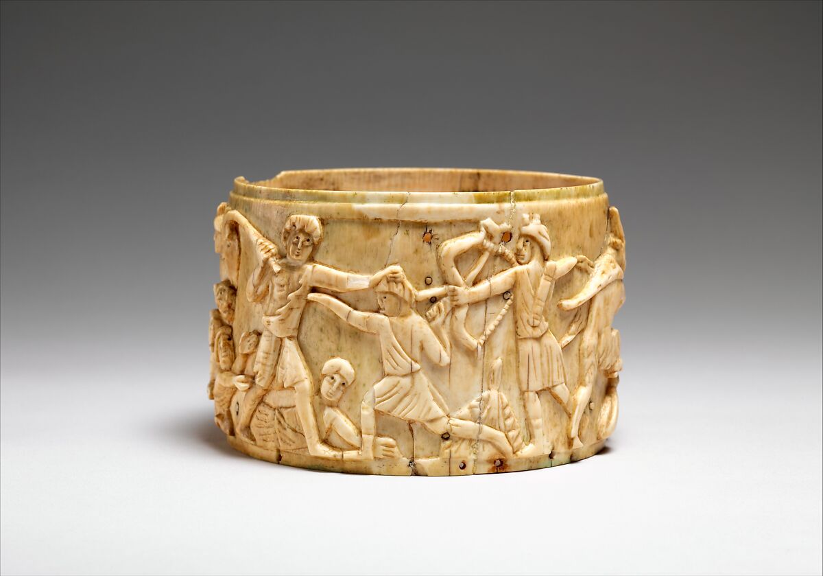 Ivory Pyx with the Triumph of Dionysos in India, Elephant ivory, Byzantine