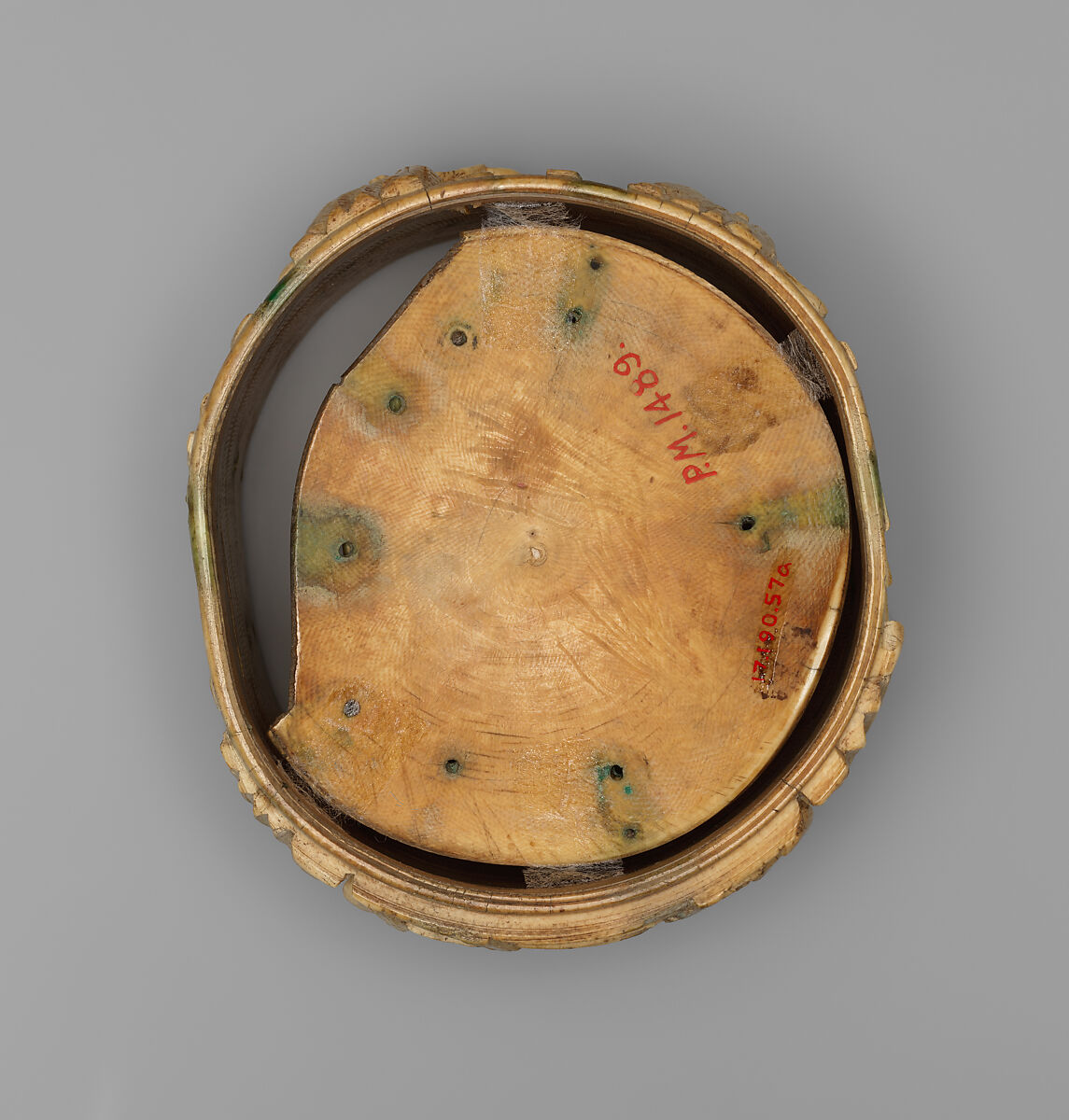 Circular Box (Pyxis) with the Women at Jesus' Tomb, Elephant ivory with metalwork and paint, Byzantine