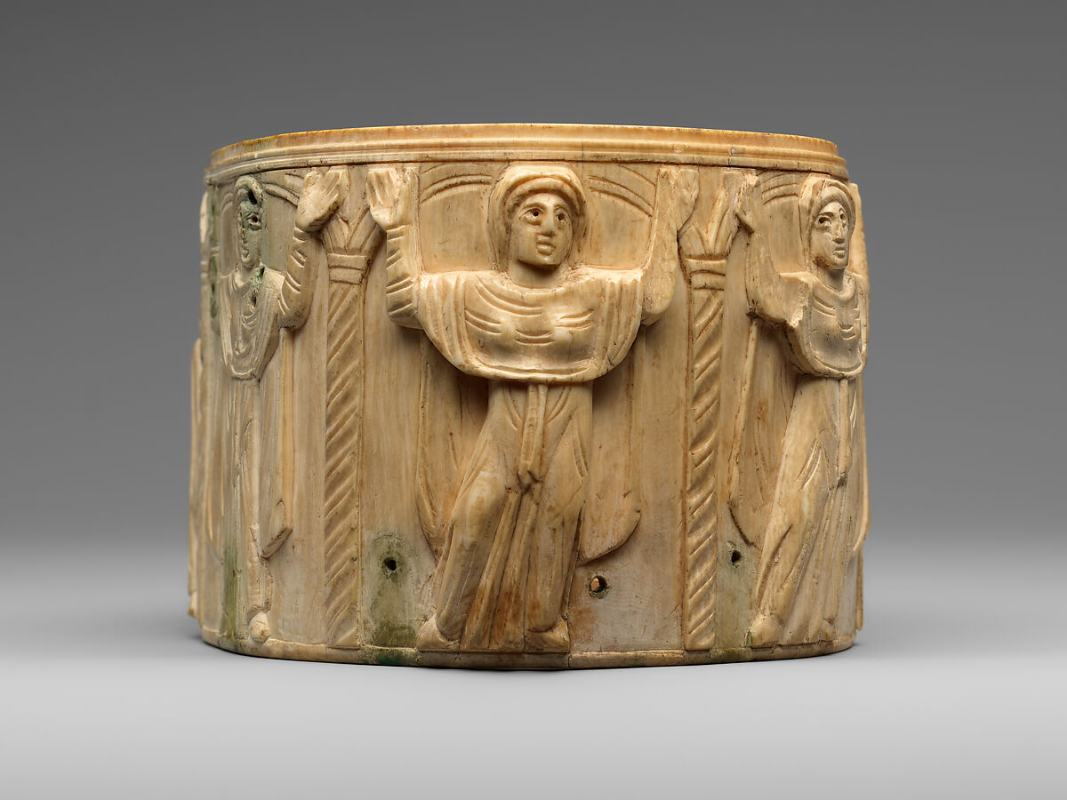 Circular Box (Pyxis) with the Women at Jesus' Tomb, Elephant ivory with metalwork and paint, Byzantine