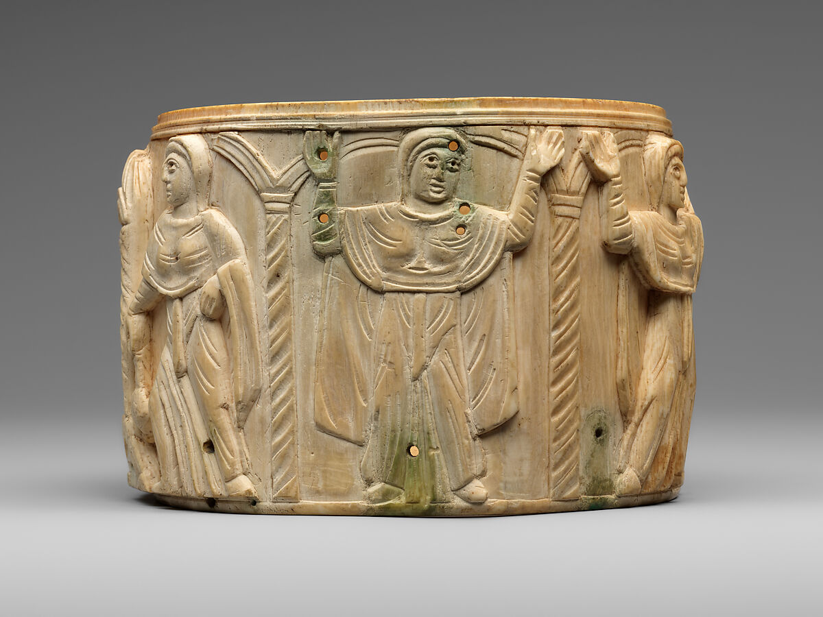 Circular Box (Pyxis) with the Women at Jesus' Tomb, Elephant ivory with metalwork and paint, Byzantine
