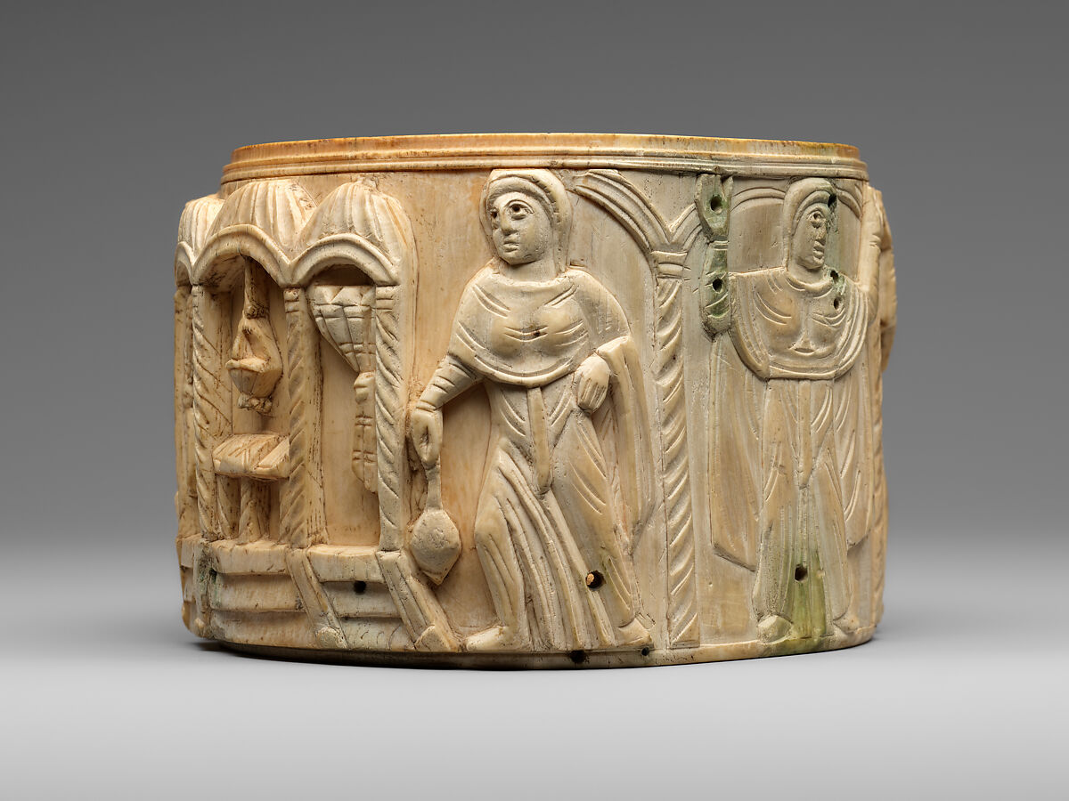 Circular Box (Pyxis) with the Women at Jesus' Tomb, Elephant ivory with metalwork and paint, Byzantine