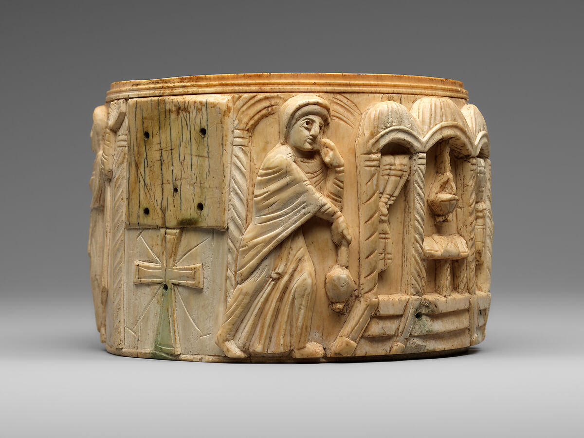 Circular Box (Pyxis) with the Women at Jesus' Tomb, Elephant ivory with metalwork and paint, Byzantine