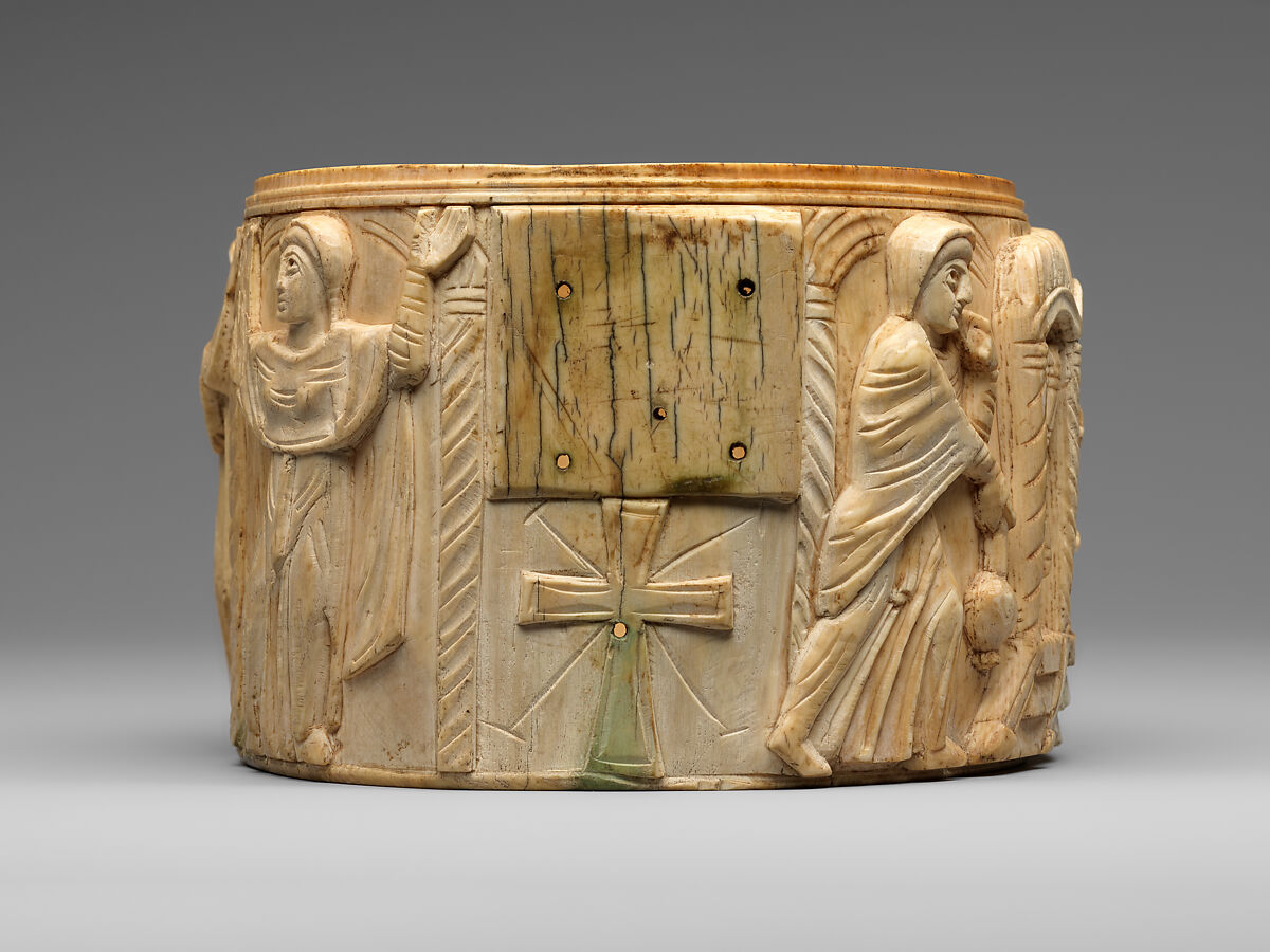 Circular Box (Pyxis) with the Women at Jesus' Tomb, Elephant ivory with metalwork and paint, Byzantine