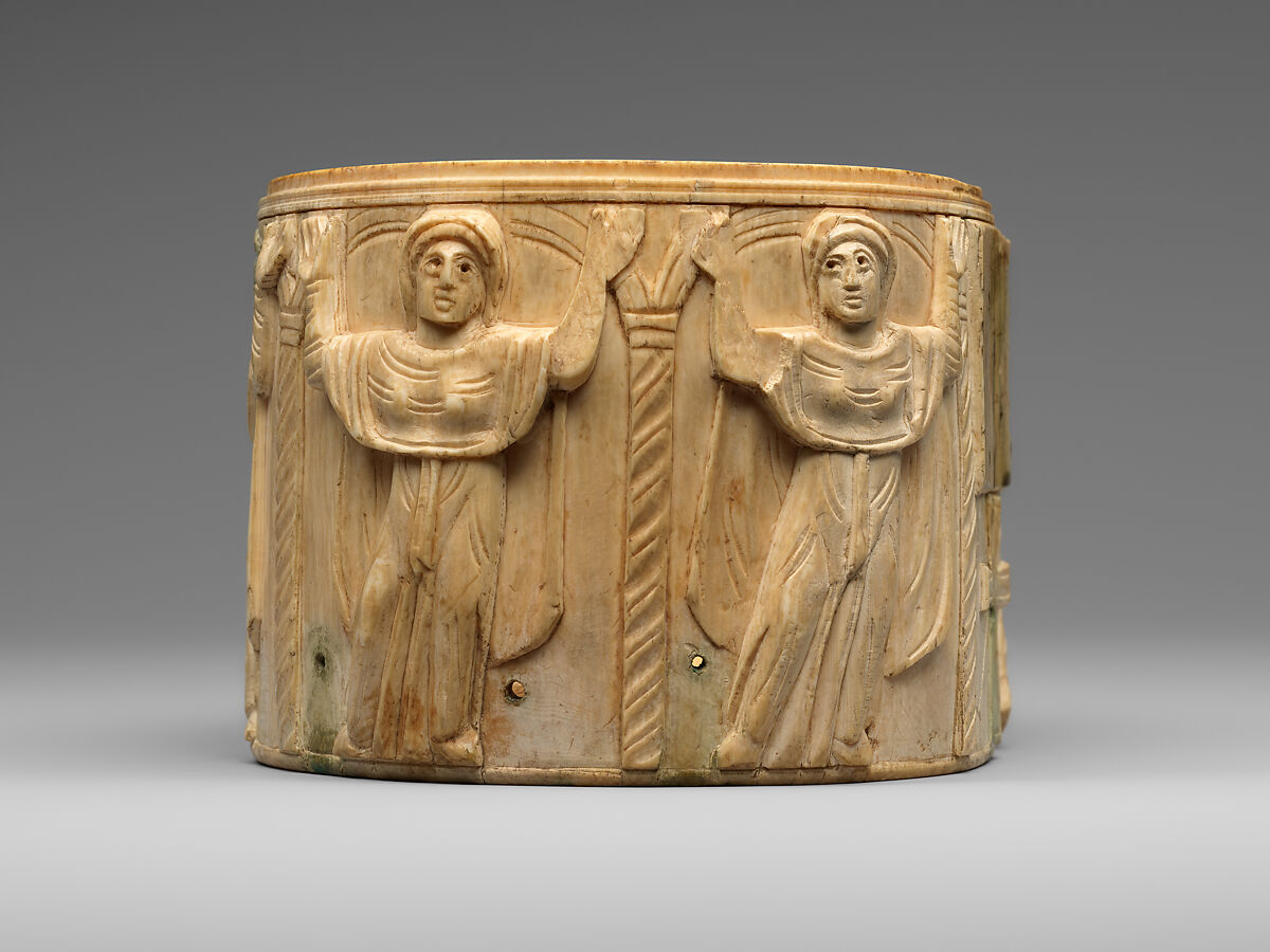 Circular Box (Pyxis) with the Women at Jesus' Tomb, Elephant ivory with metalwork and paint, Byzantine