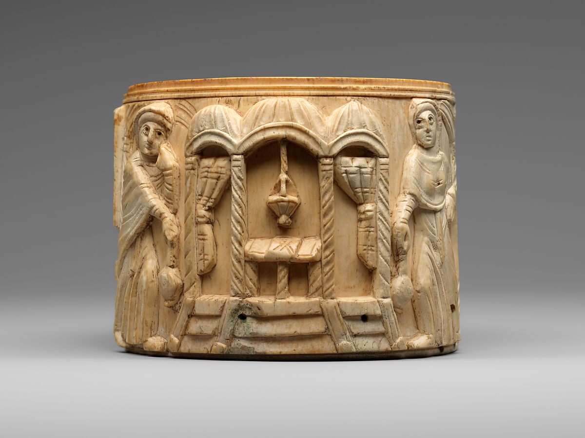Circular Box (Pyxis) with the Women at Jesus' Tomb, Elephant ivory with metalwork and paint, Byzantine