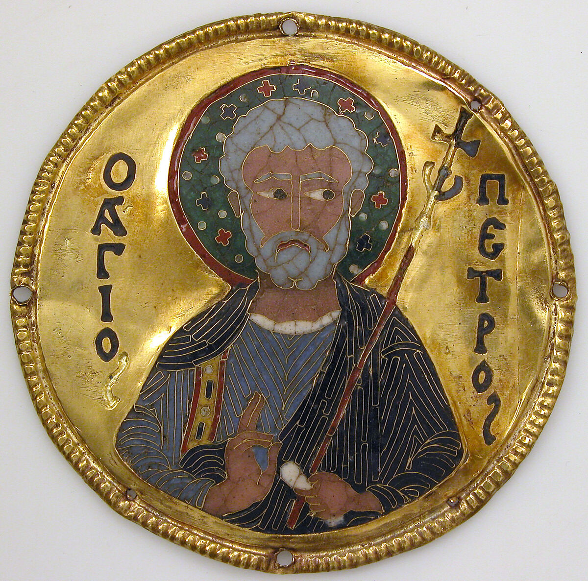 Medallion with Saint Peter from an Icon Frame, Gold, silver, and enamel worked in cloisonné, Byzantine