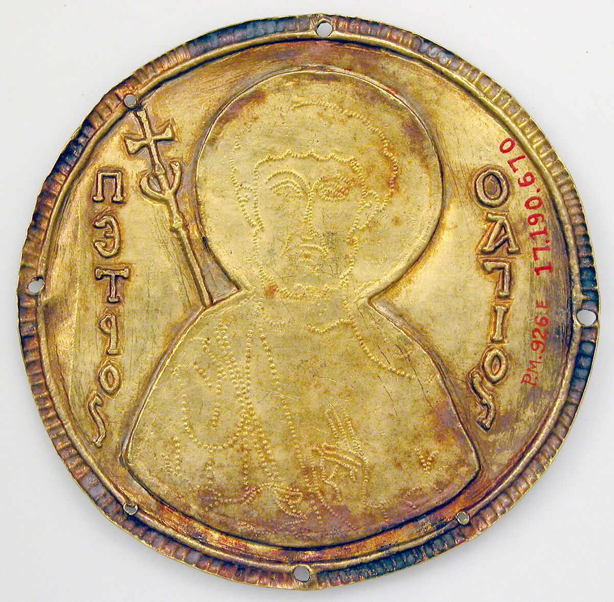 Medallion with Saint Peter from an Icon Frame, Gold, silver, and enamel worked in cloisonné, Byzantine
