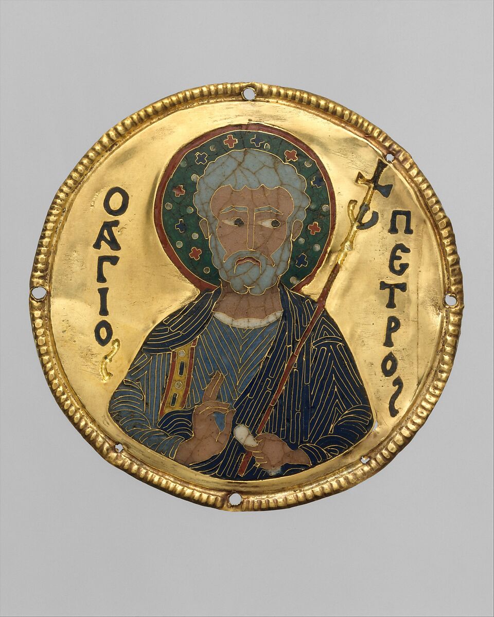 Medallion with Saint Peter from an Icon Frame, Gold, silver, and enamel worked in cloisonné, Byzantine