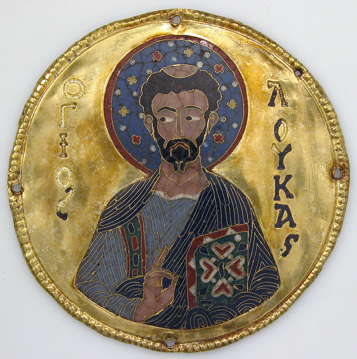 Medallion with Saint Luke from an Icon Frame, Gold, silver, and enamel worked in cloisonné, Byzantine 