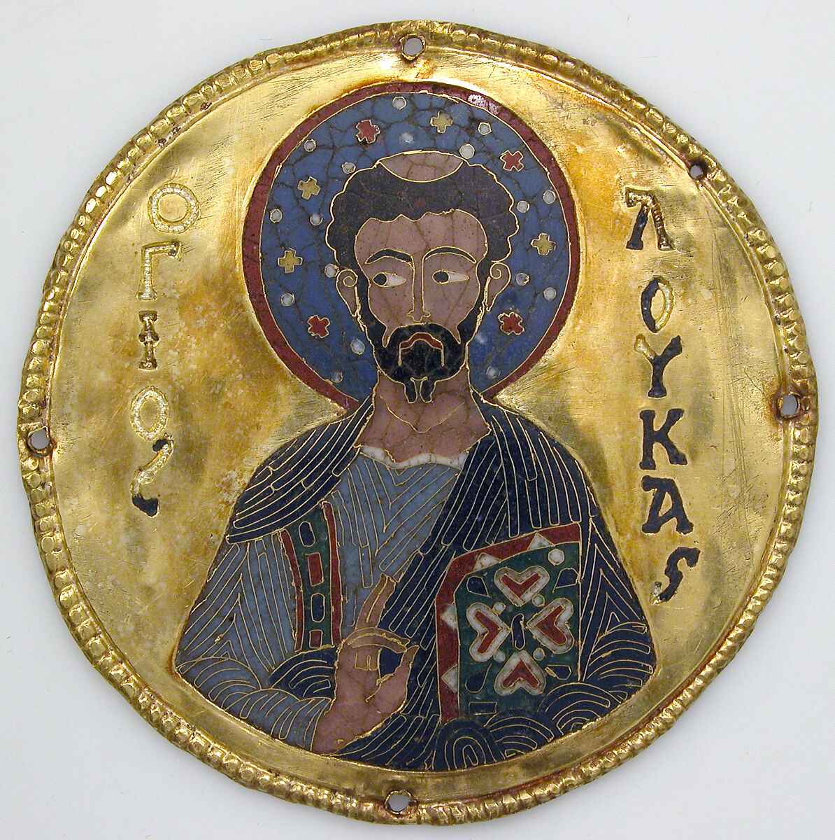 Medallion with Saint Luke from an Icon Frame, Gold, silver, and enamel worked in cloisonné, Byzantine