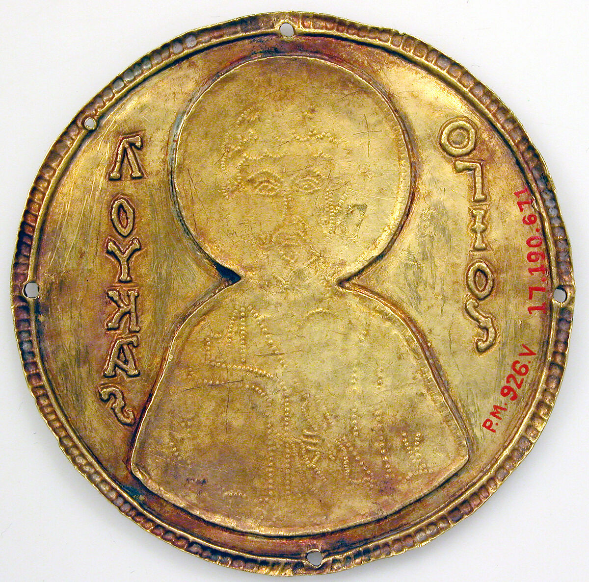 Medallion with Saint Luke from an Icon Frame, Gold, silver, and enamel worked in cloisonné, Byzantine