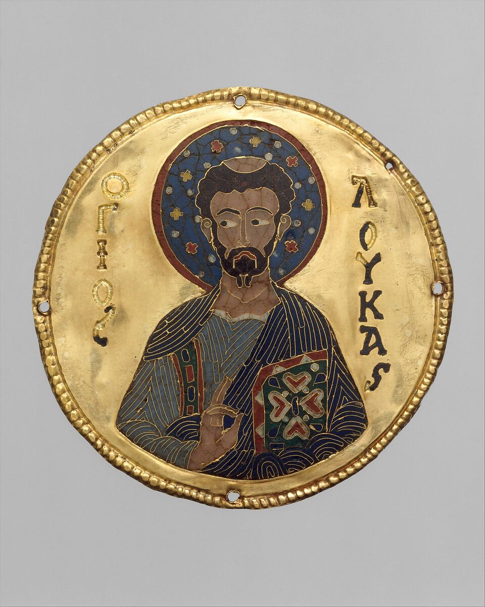 Medallion with Saint Luke from an Icon Frame, Gold, silver, and enamel worked in cloisonné, Byzantine