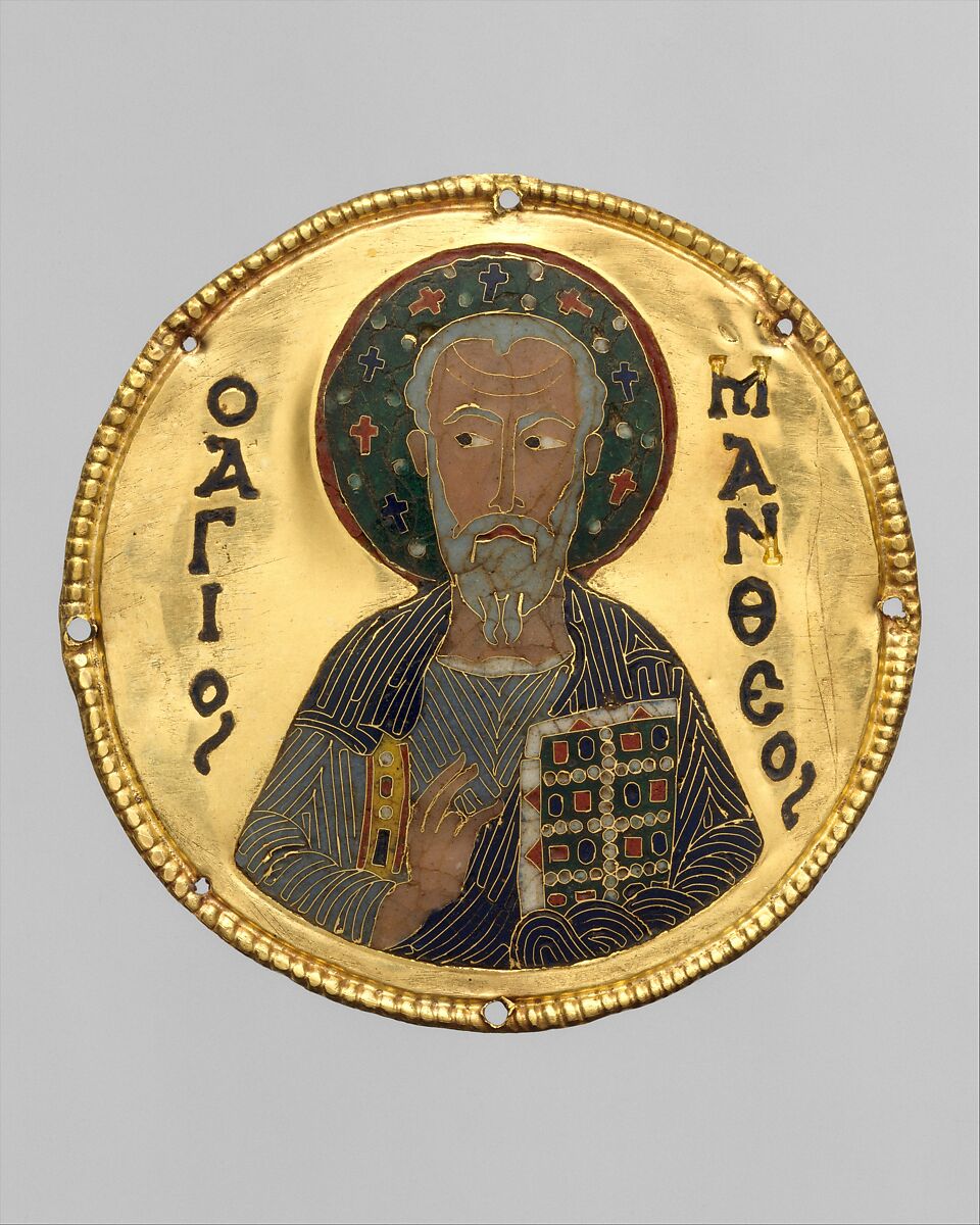 Medallion with Saint Matthew from an Icon Frame, Gold, silver, and enamel worked in cloisonné, Byzantine