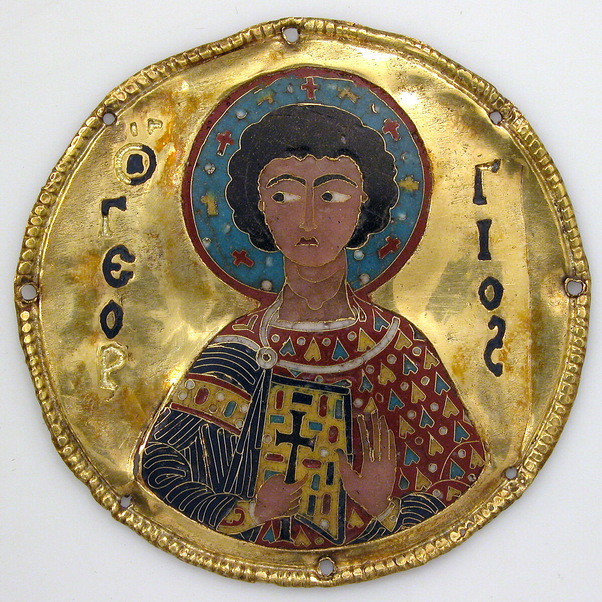 Medallion with Saint George from an Icon Frame, Gold, silver, and enamel worked in cloisonné, Byzantine 