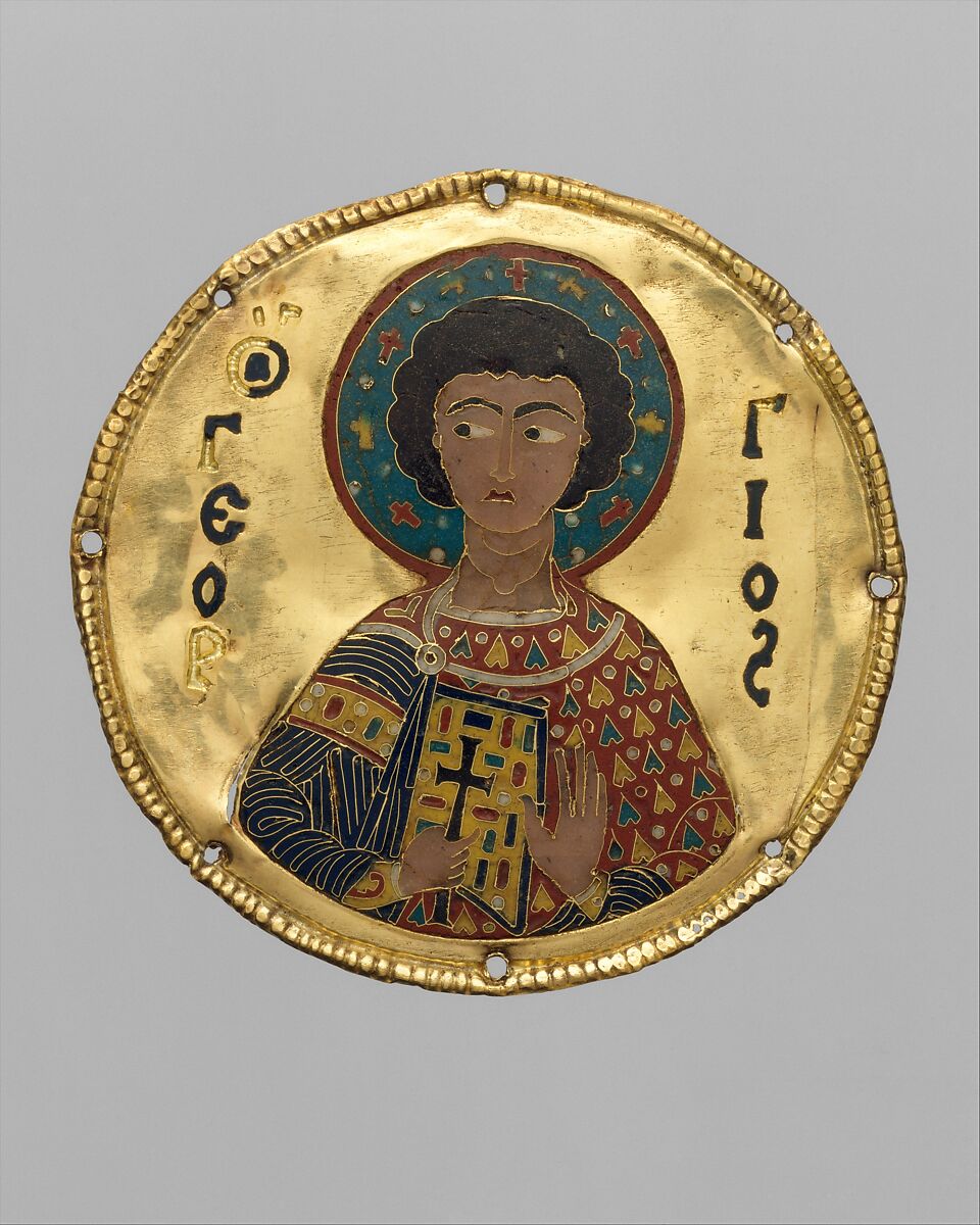 Medallion with Saint George from an Icon Frame, Gold, silver, and enamel worked in cloisonné, Byzantine
