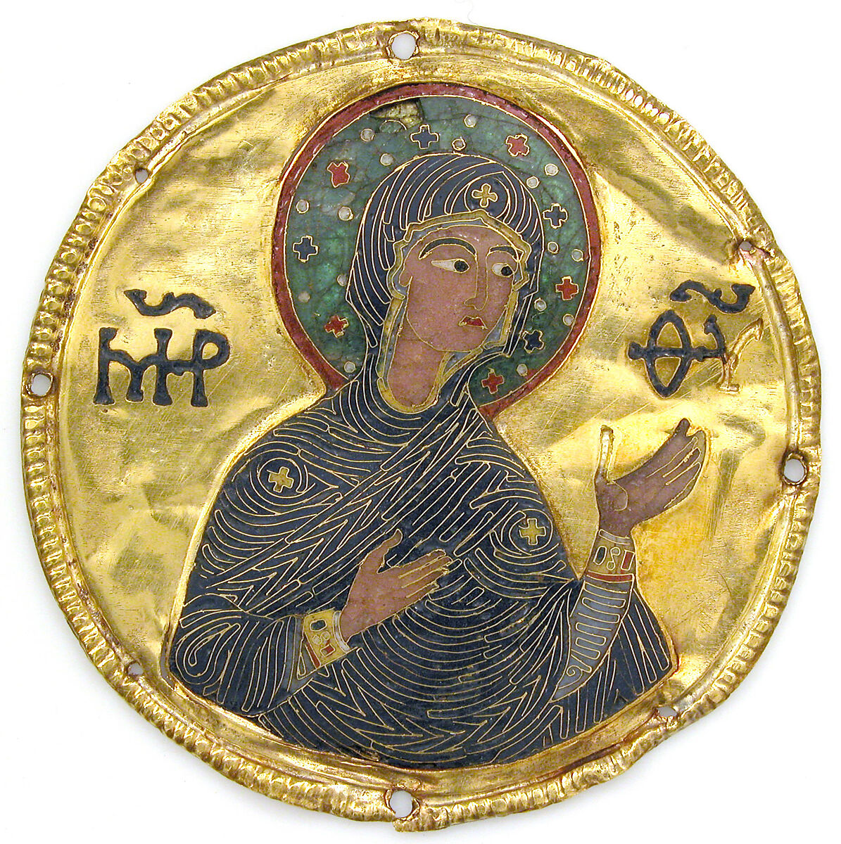 Medallion with the Virgin from an Icon Frame, Gold, silver, and enamel worked in cloisonné, Byzantine 