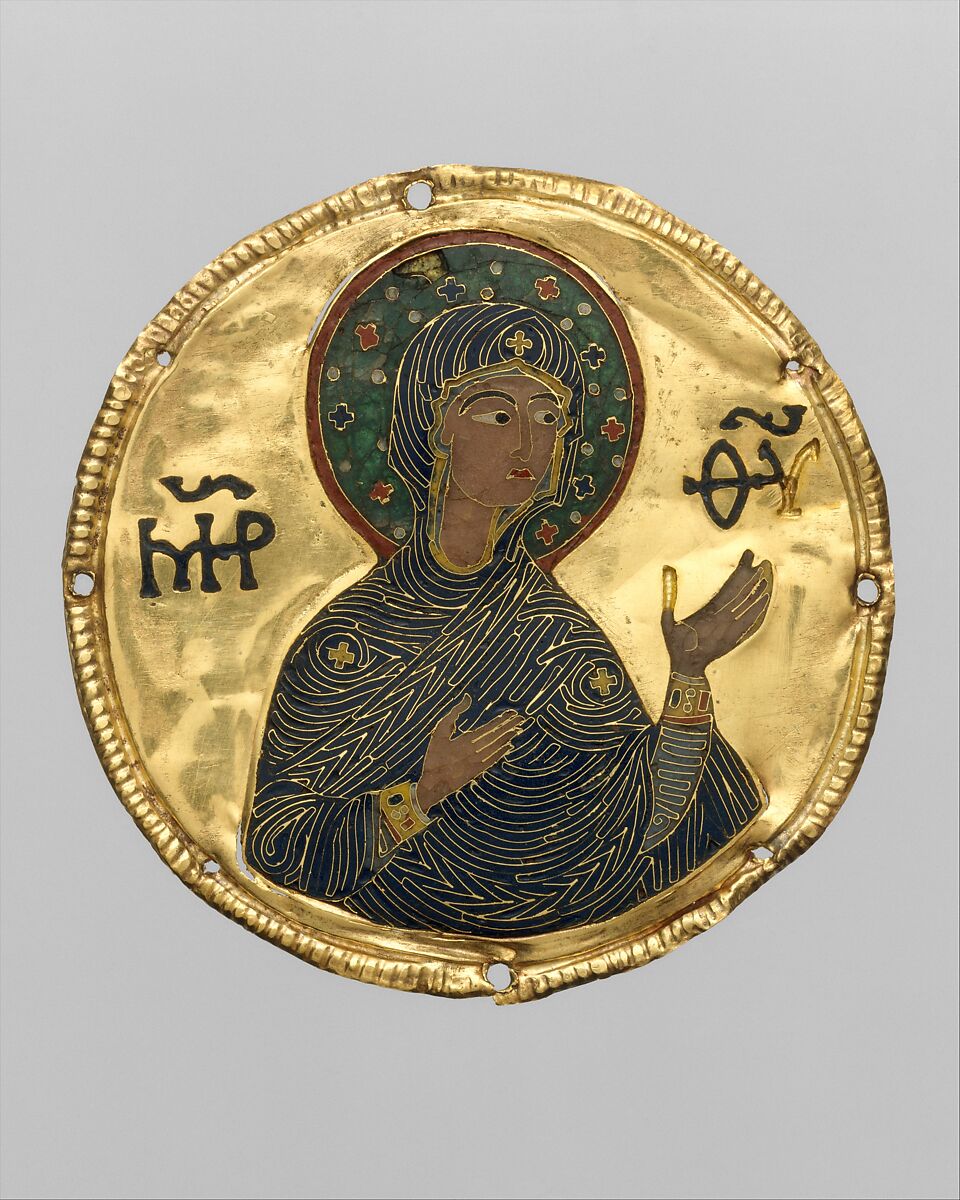 Medallion with the Virgin from an Icon Frame, Gold, silver, and enamel worked in cloisonné, Byzantine