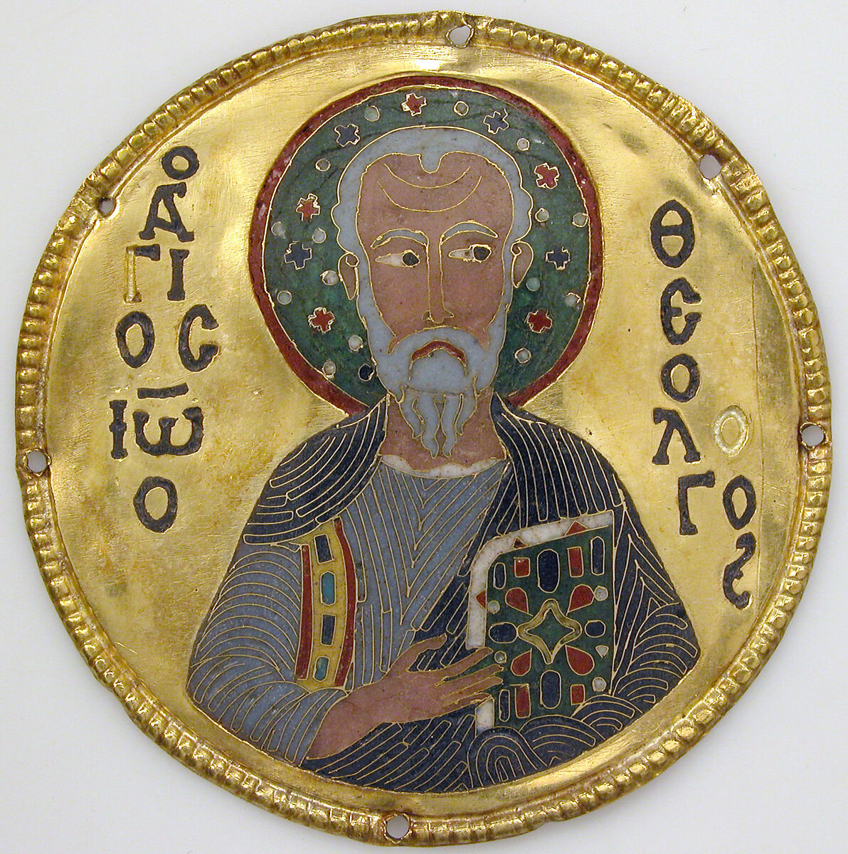 Medallion with Saint John the Evangelist from an Icon Frame, Gold, silver, and enamel worked in cloisonné, Byzantine 