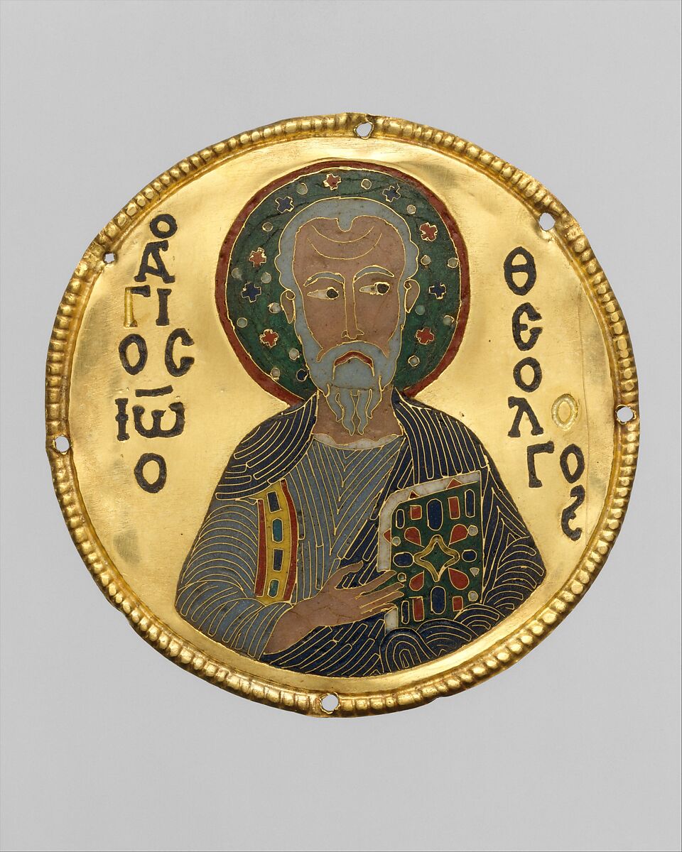 Medallion with Saint John the Evangelist from an Icon Frame, Gold, silver, and enamel worked in cloisonné, Byzantine