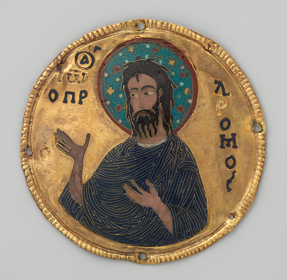 Medallion with Saint John the Baptist from an Icon Frame, Gold, silver, and enamel worked in cloisonné, Byzantine 