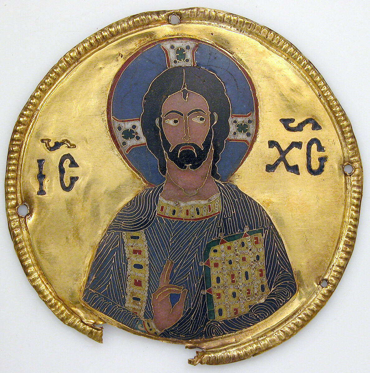 Medallion with Christ from an Icon Frame, Gold, silver, and enamel worked in cloisonné, Byzantine 