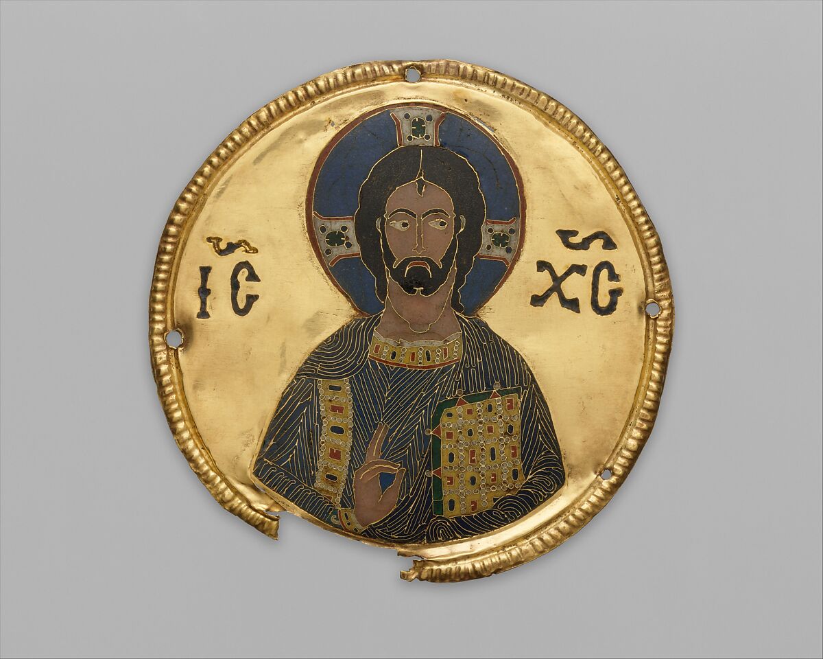 Medallion with Christ from an Icon Frame, Gold, silver, and enamel worked in cloisonné, Byzantine