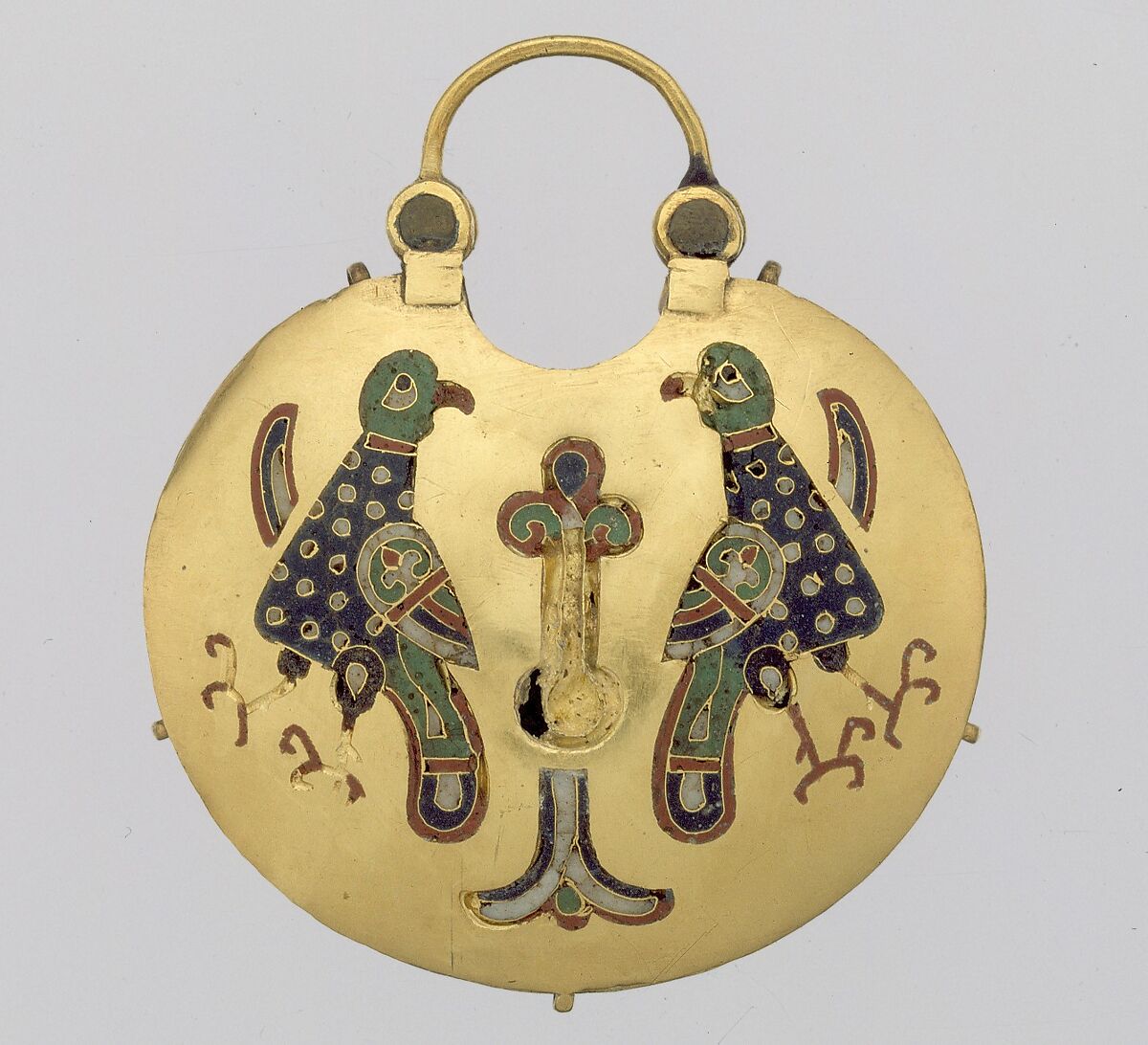 Temple Pendant with Two Birds Flanking a Tree of Life (front) and Geometric Lead Motifs (back), Gold, silver, and enamel worked in cloisonné, Kyivan Rus’ 