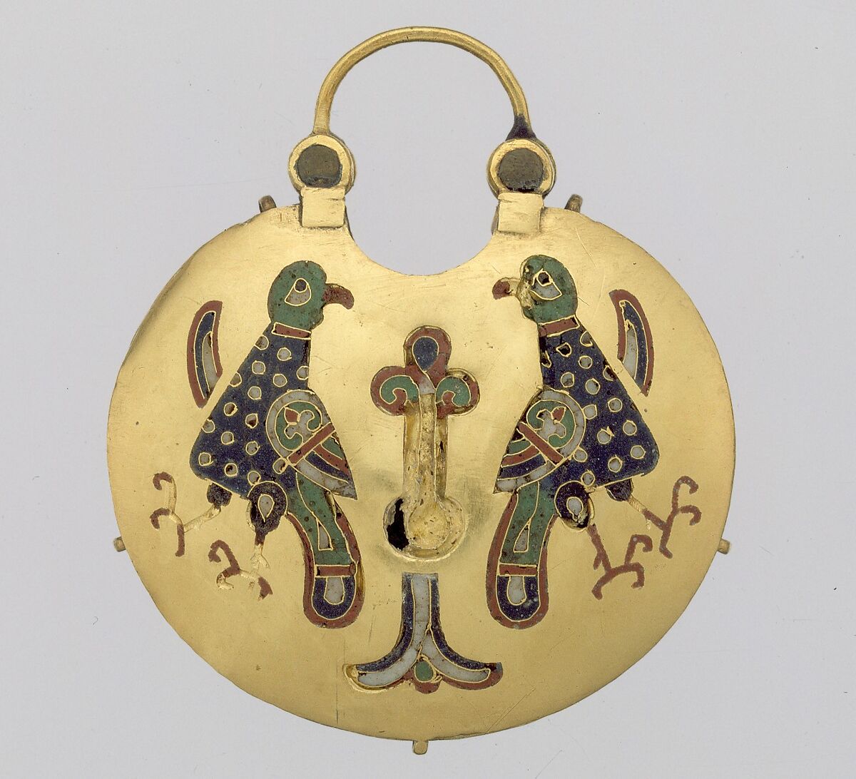 Temple Pendant with Two Birds Flanking a Tree of Life (front) and Geometric Lead Motifs (back), Gold, silver, and enamel worked in cloisonné, Kyivan Rus’