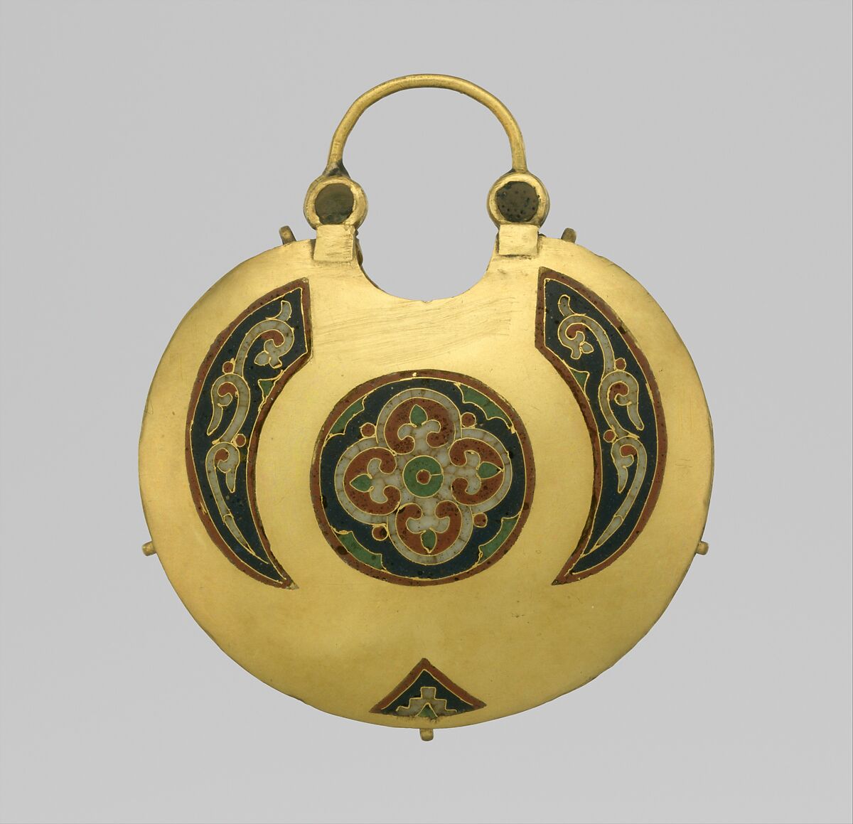 Temple Pendant with Two Birds Flanking a Tree of Life (front) and Geometric Lead Motifs (back), Gold, silver, and enamel worked in cloisonné, Kyivan Rus’
