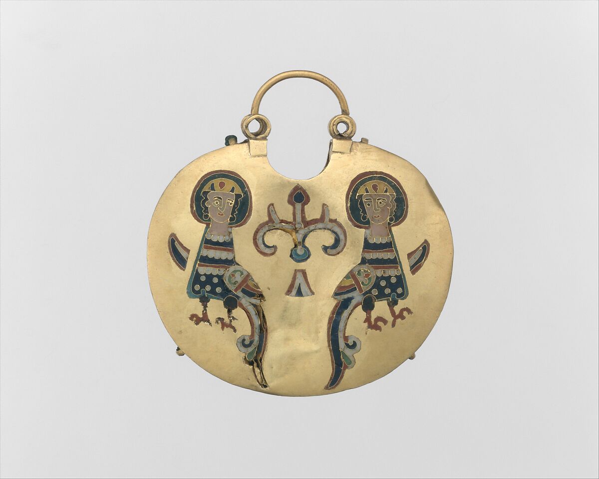 Temple Pendant with Two Sirens Flanking a Tree of Life (front) and Confronted Birds (back), Cloisonné enamel, gold, Kyivan Rus’