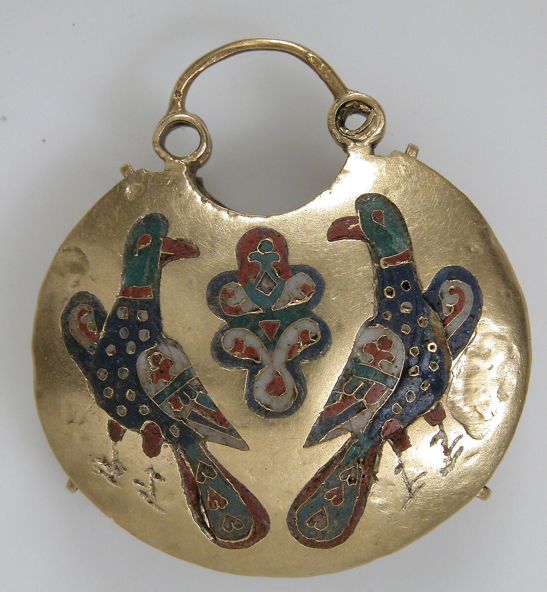 Temple Pendant with Two Birds Flanking a Tree of Life (front) and Geometric and Vegetal Motifs (back), Cloisonné enamel, gold, Kyivan Rus’